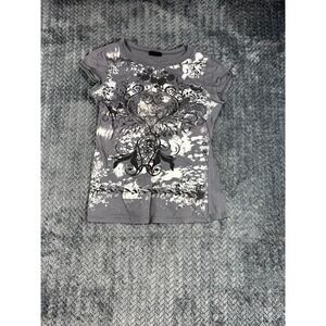 Vintage Candy Rain T Shirt Womens Gray Beaded Graphic Heart Floral Grunge Y2K